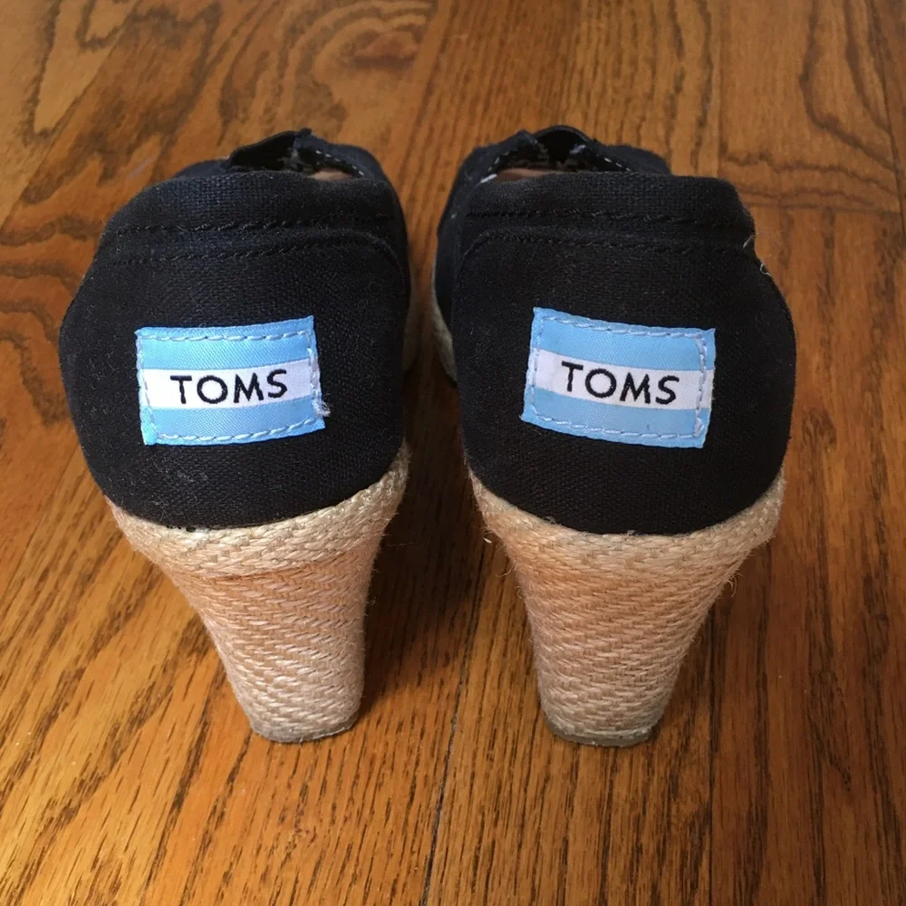 Toms Black Canvas Wedge Open Toe Shoes